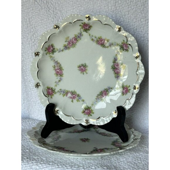 MZ Austria 2 Bread Plates Moritz Zdekauer Pink Roses Antique c1884-1909 - Picture 1 of 16